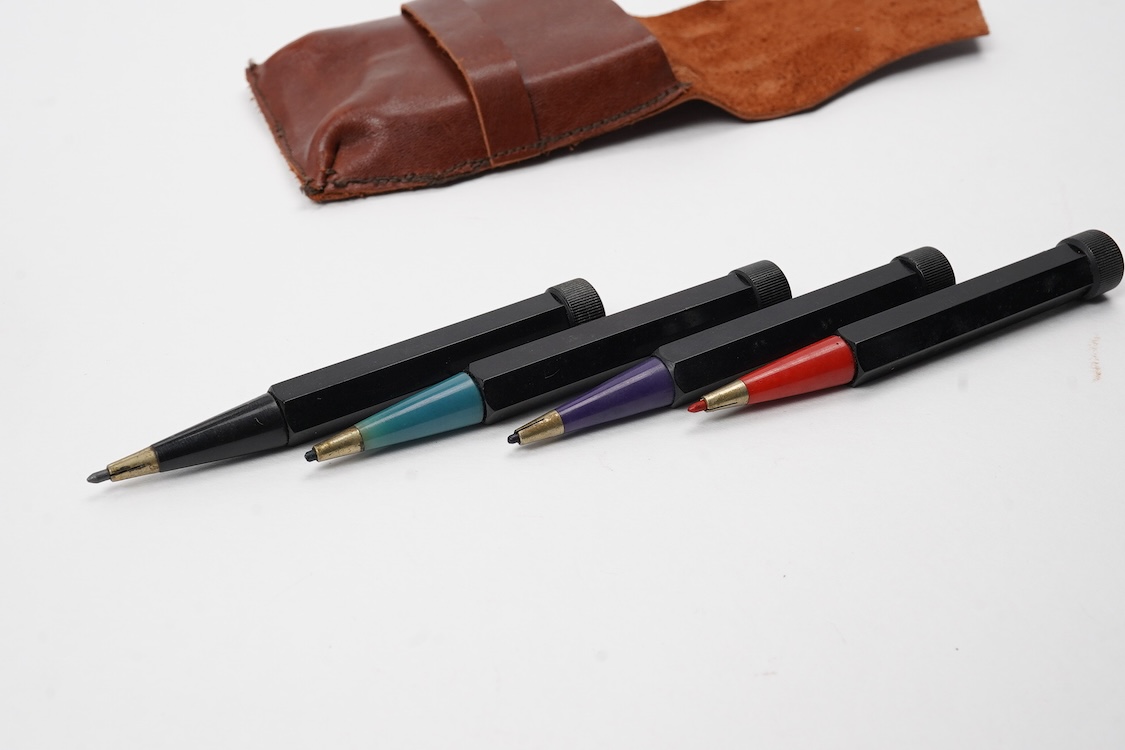 A set of four colour coded pencils in hexagonal form with different coloured sections, German - Montblanc?